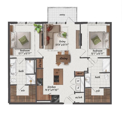 2 Bedroom, 2 Bathroom, 1140 Square Feet - B5-LW Floorplan at St. Elmo Apartments in Austin, TX